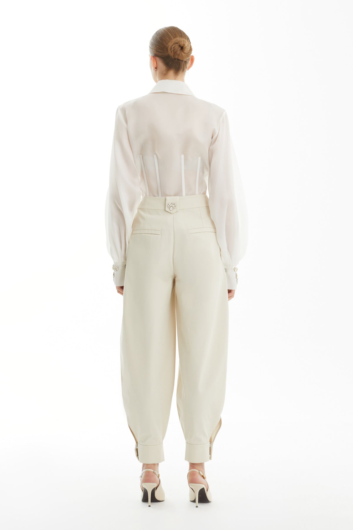 Beige High-Waist Double-Pleated Balloon Trousers