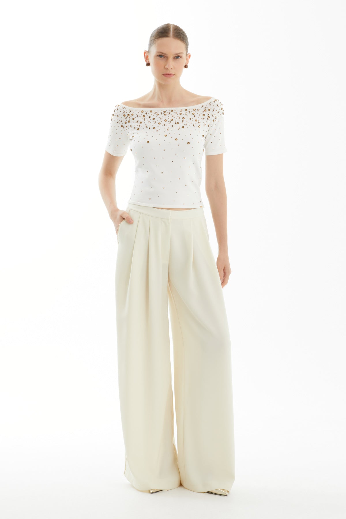 Beige High-Waist Embroidered Wide-Leg Trousers
