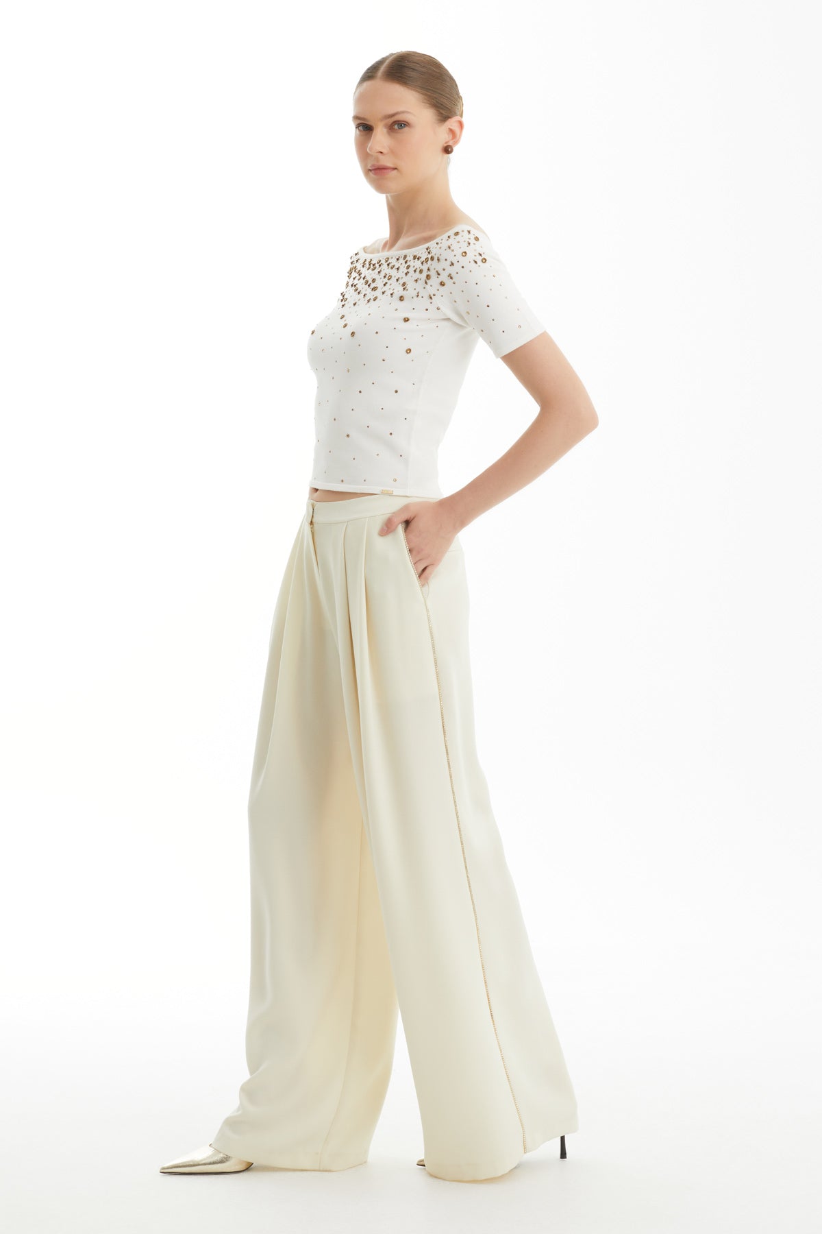 Beige High-Waist Embroidered Wide-Leg Trousers
