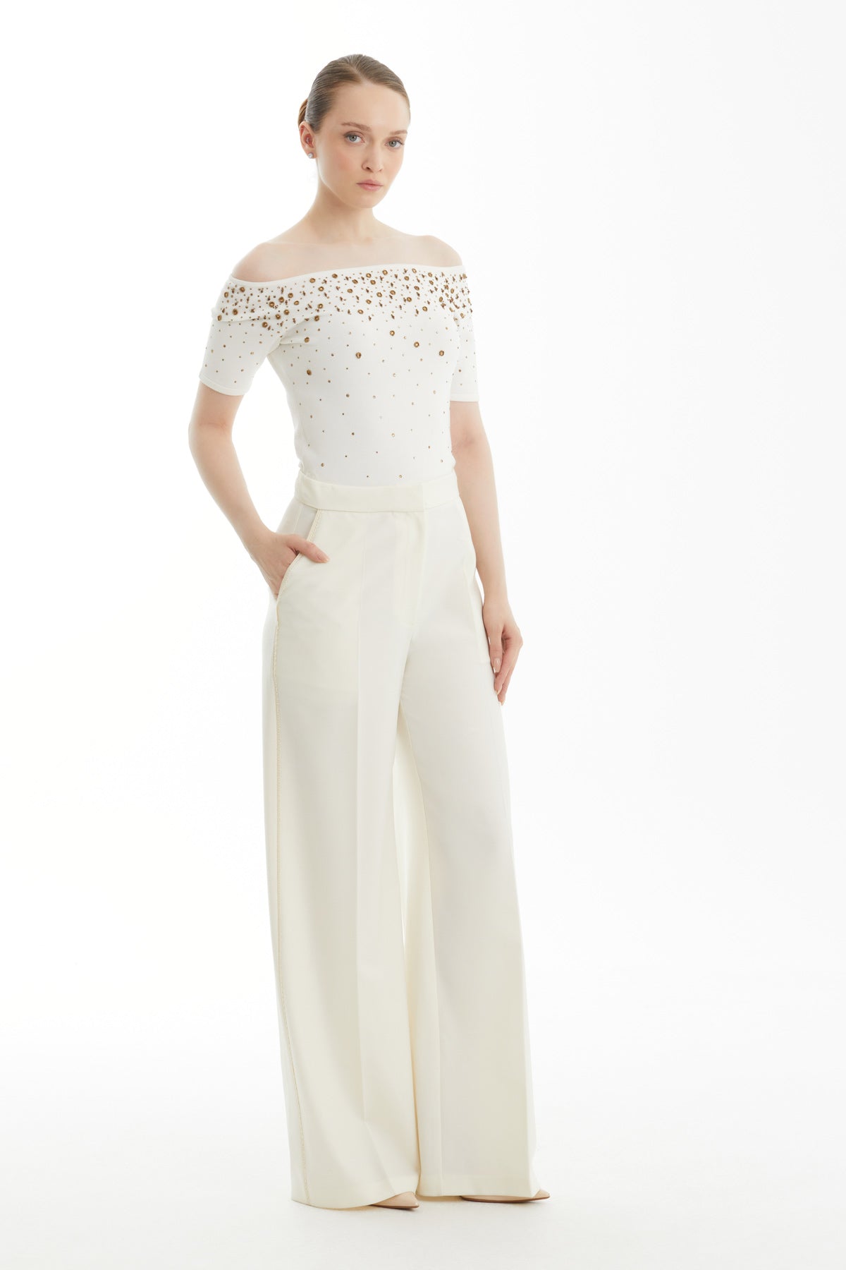 Ecru Relaxed Lace-Trim Trousers