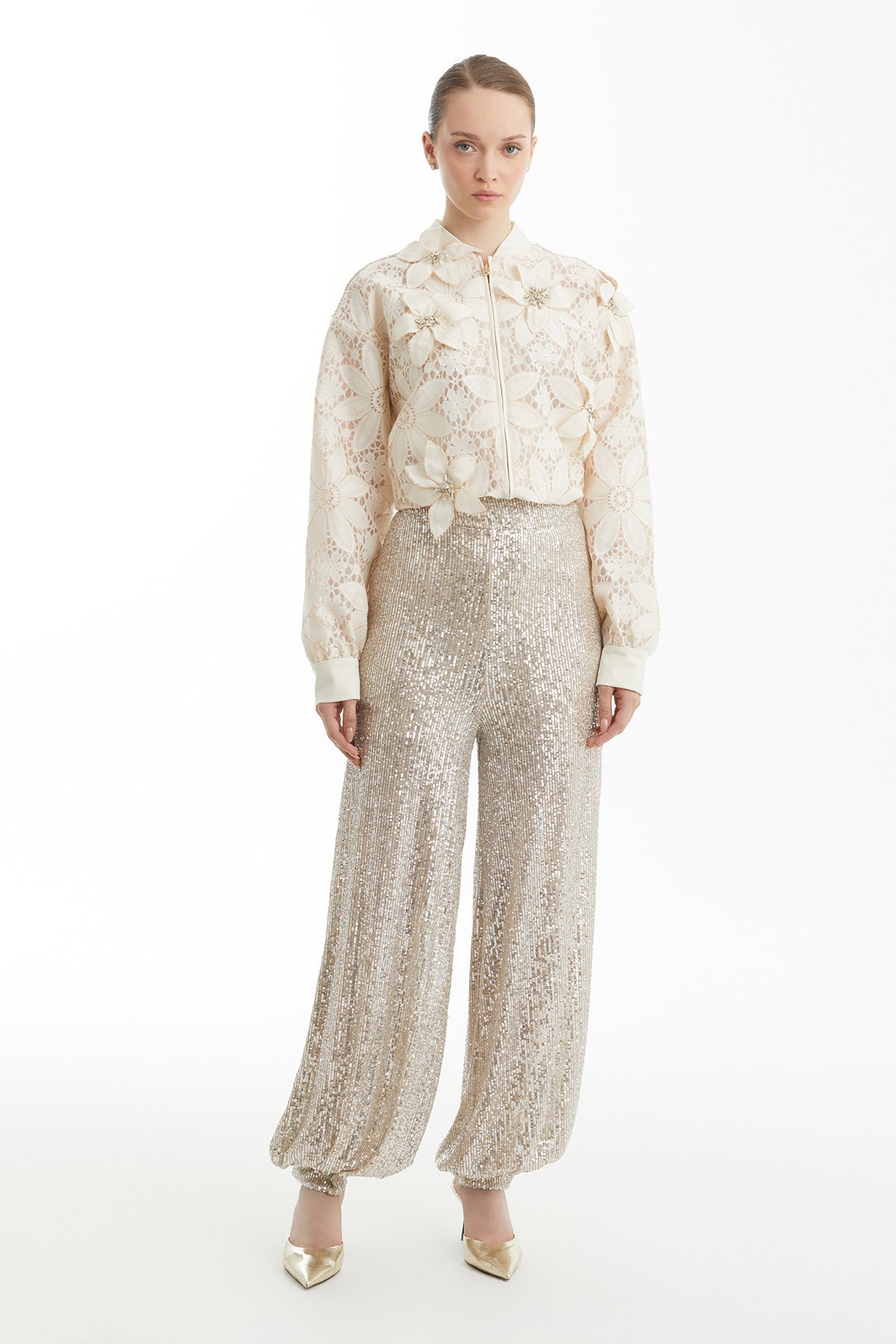 Beige Snap-Fastened Gathered-Hem Trousers