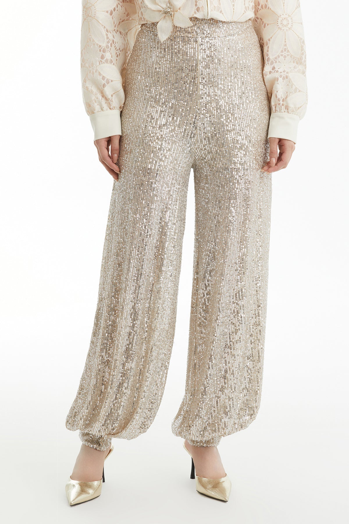 Beige Snap-Fastened Gathered-Hem Trousers