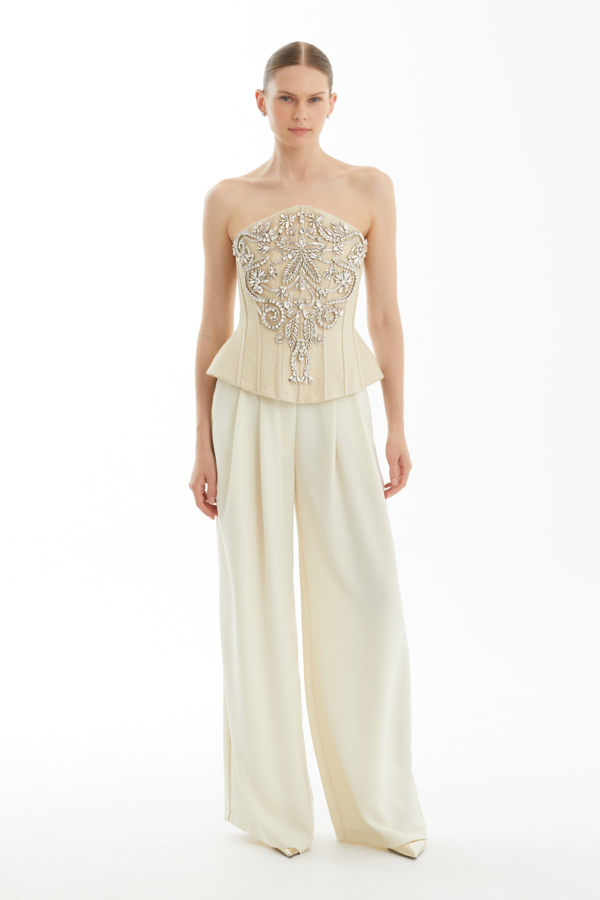 Beige Embroidered Lace-Up Strapless Top