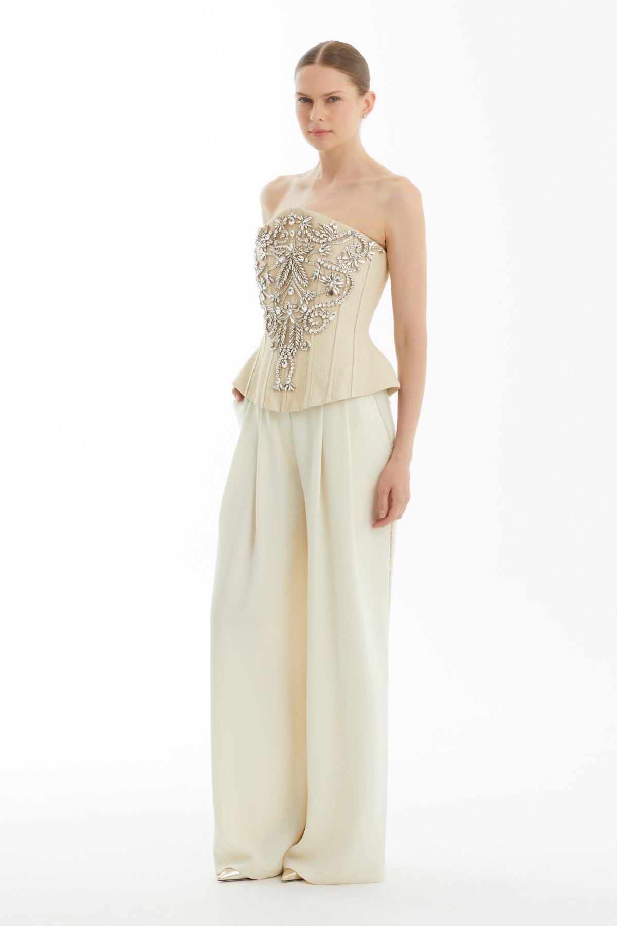 Beige Embroidered Lace-Up Strapless Top
