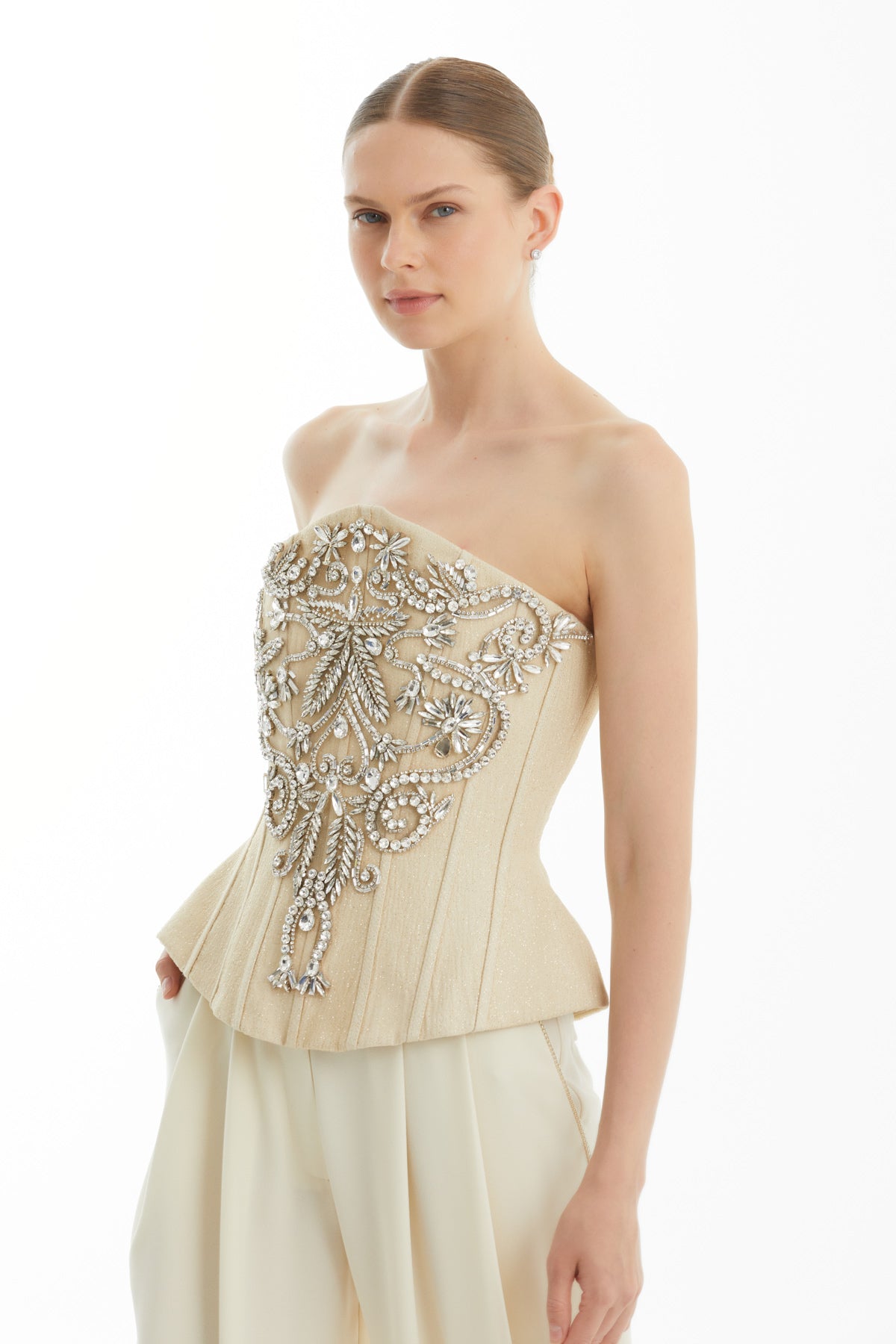 Beige Embroidered Lace-Up Strapless Top