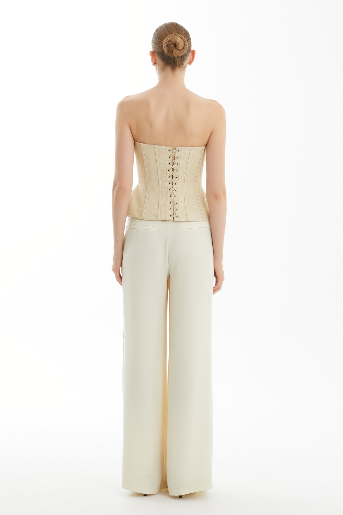 Beige Embroidered Lace-Up Strapless Top