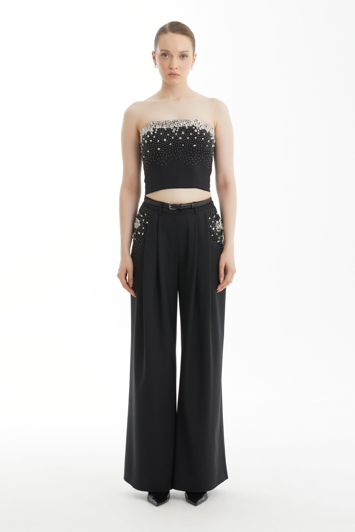 Black Embroidered Zip-Front Strapless Top