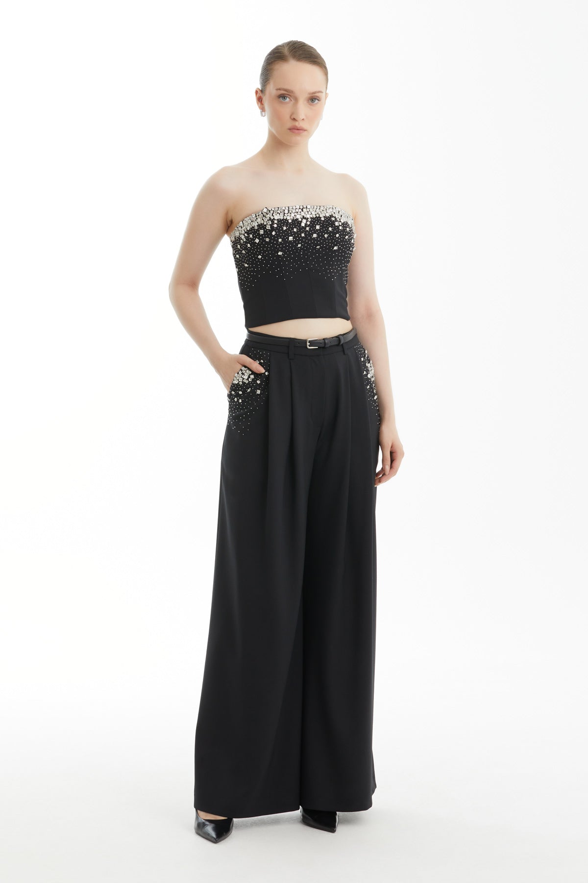 Black Embroidered Zip-Front Strapless Top