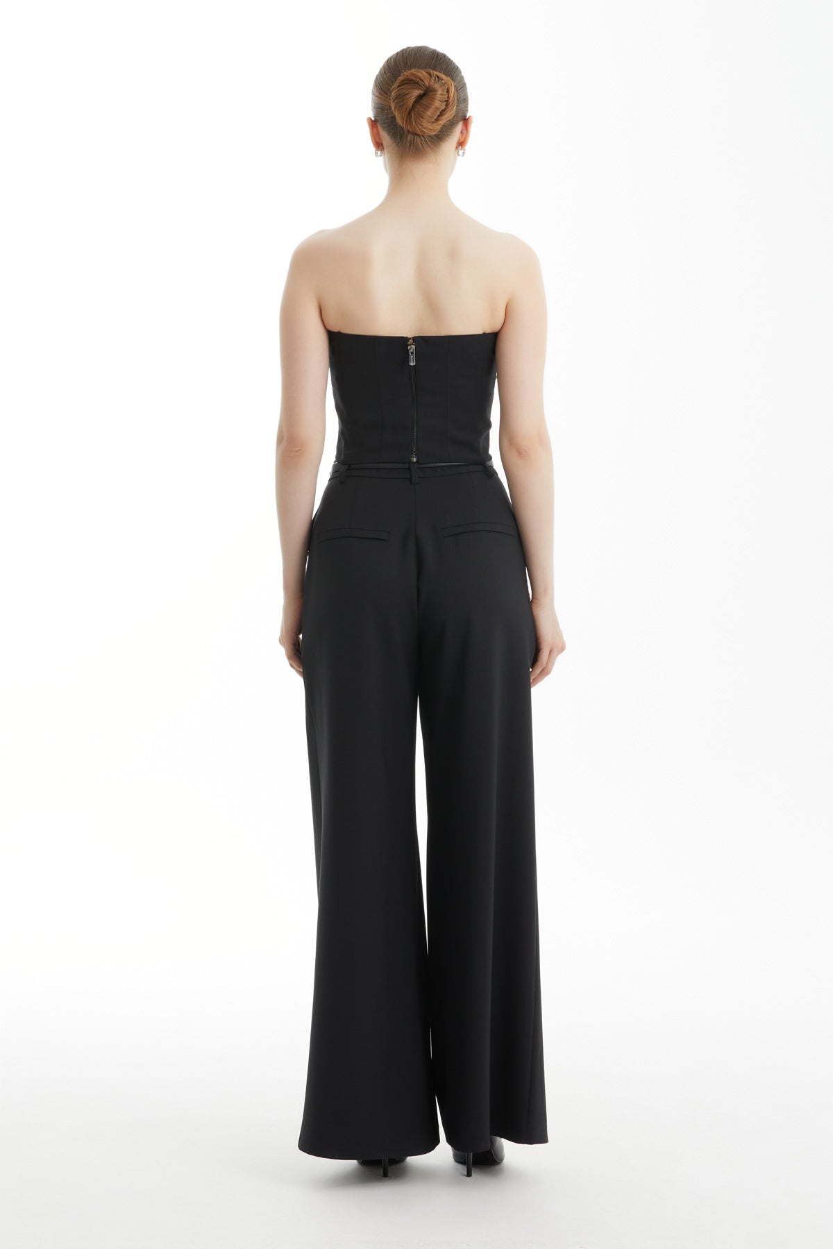 Black Embroidered Zip-Front Strapless Top