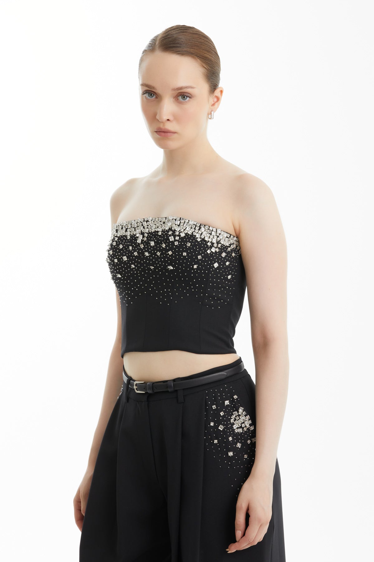 Black Embroidered Zip-Front Strapless Top