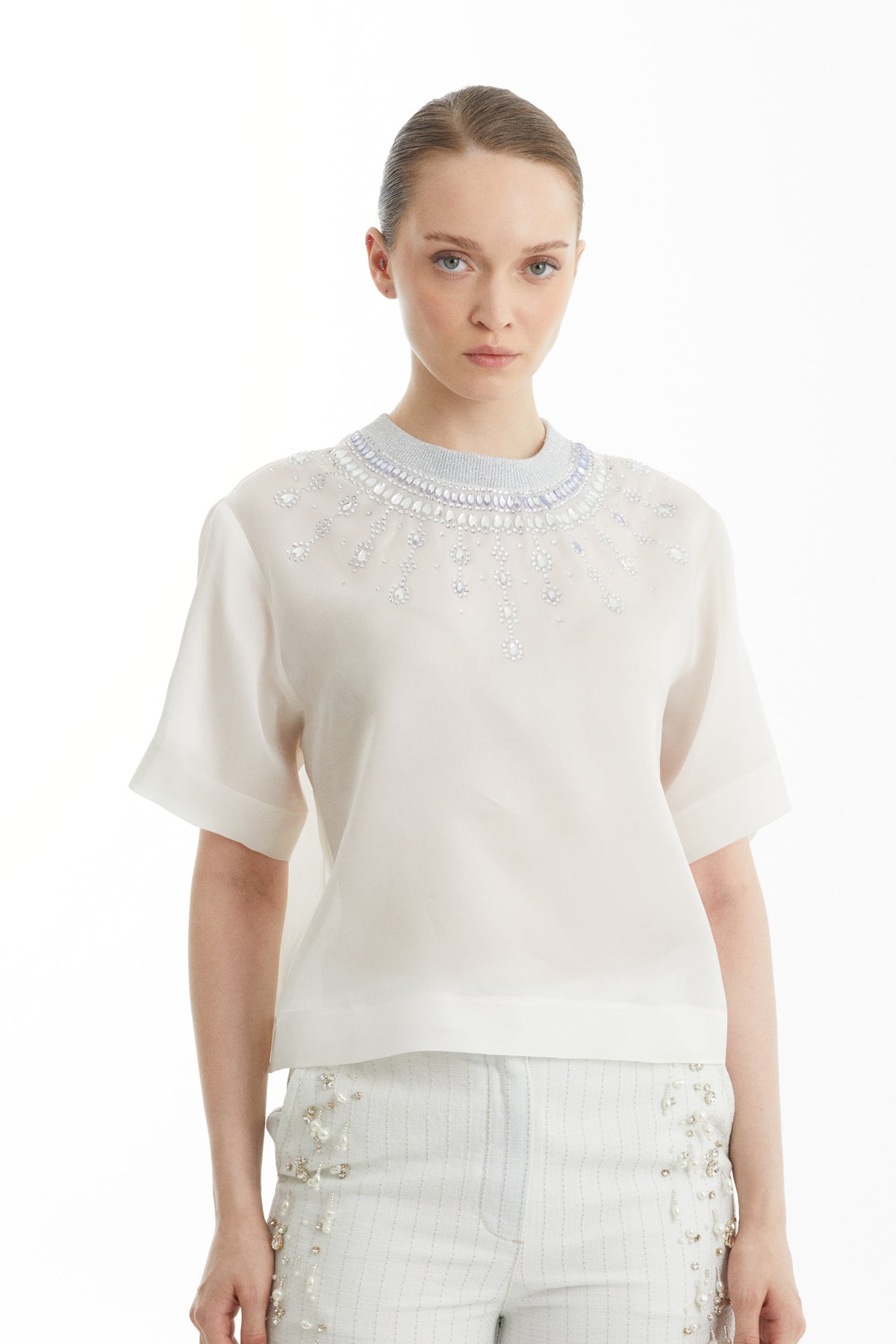 Ecru Embellished Knit-Collar Blouse