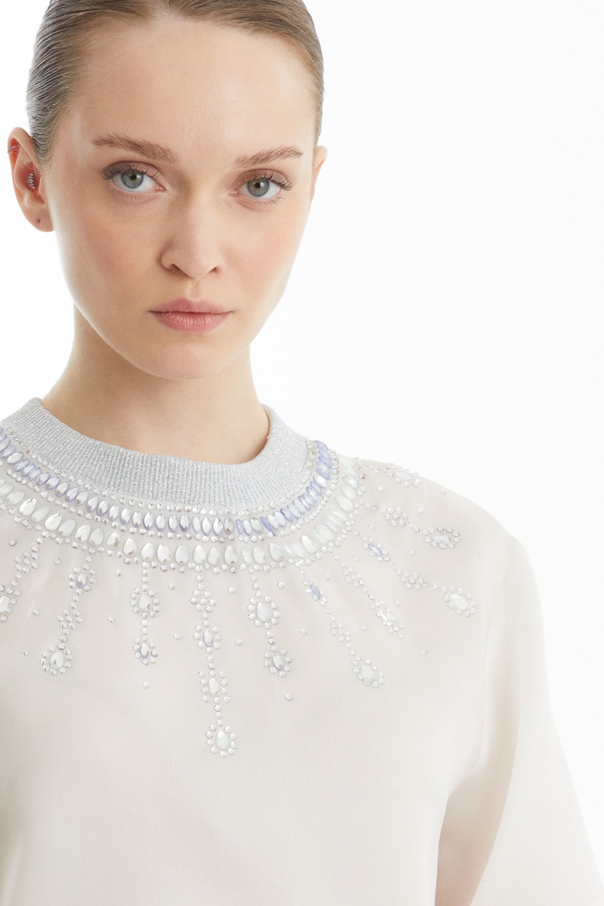 Ecru Embellished Knit-Collar Blouse