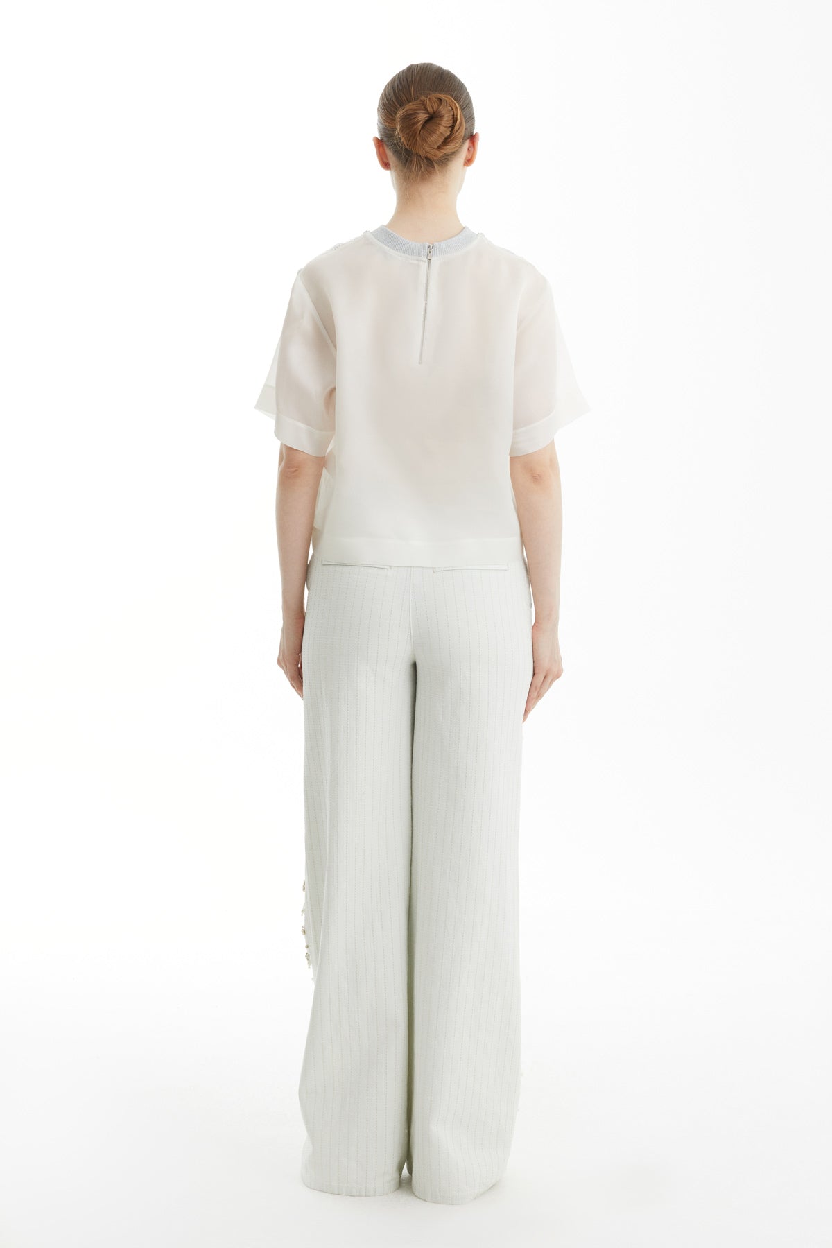 Ecru Embellished Knit-Collar Blouse