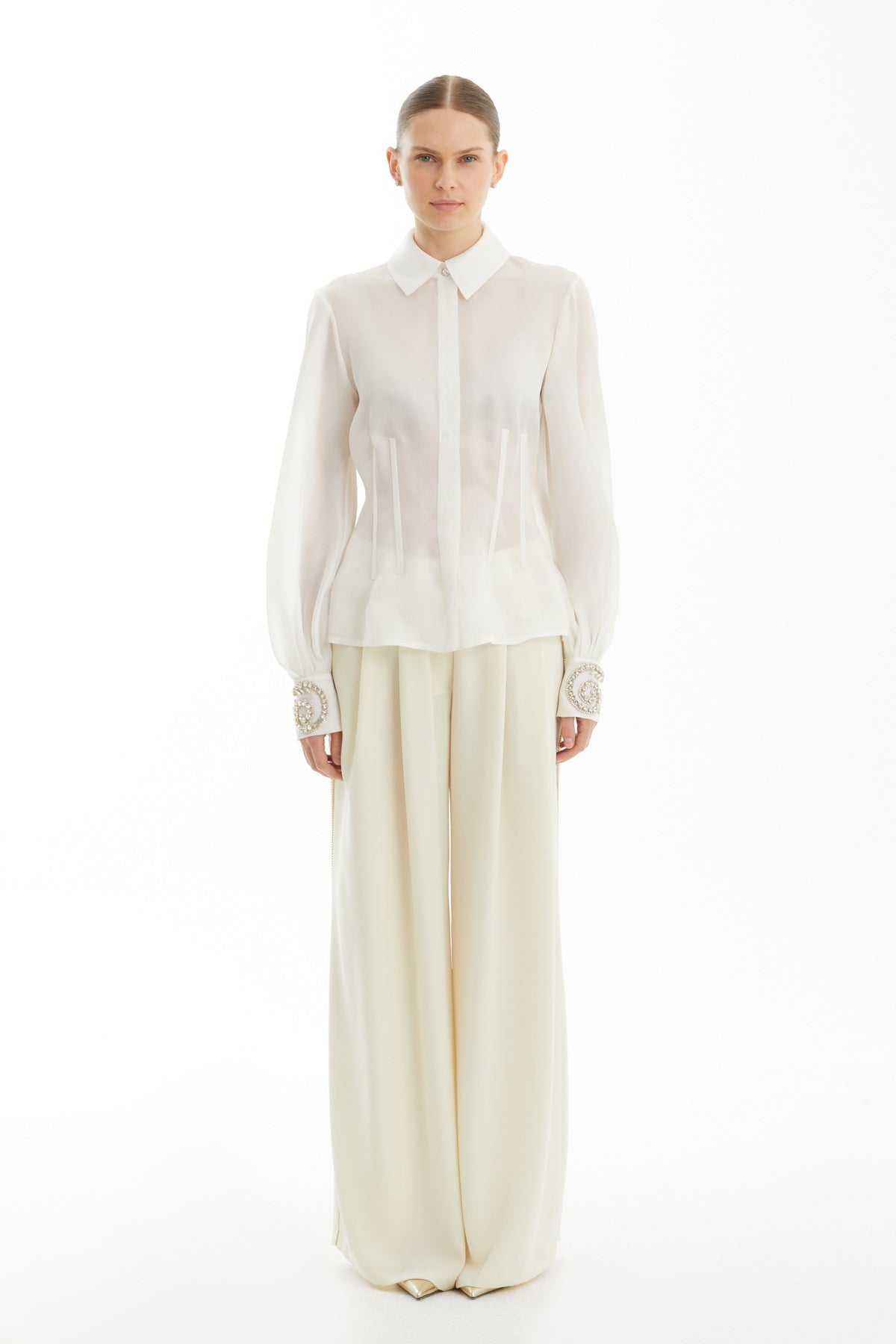 Ecru Embellished Long-Sleeve Silk Blouse