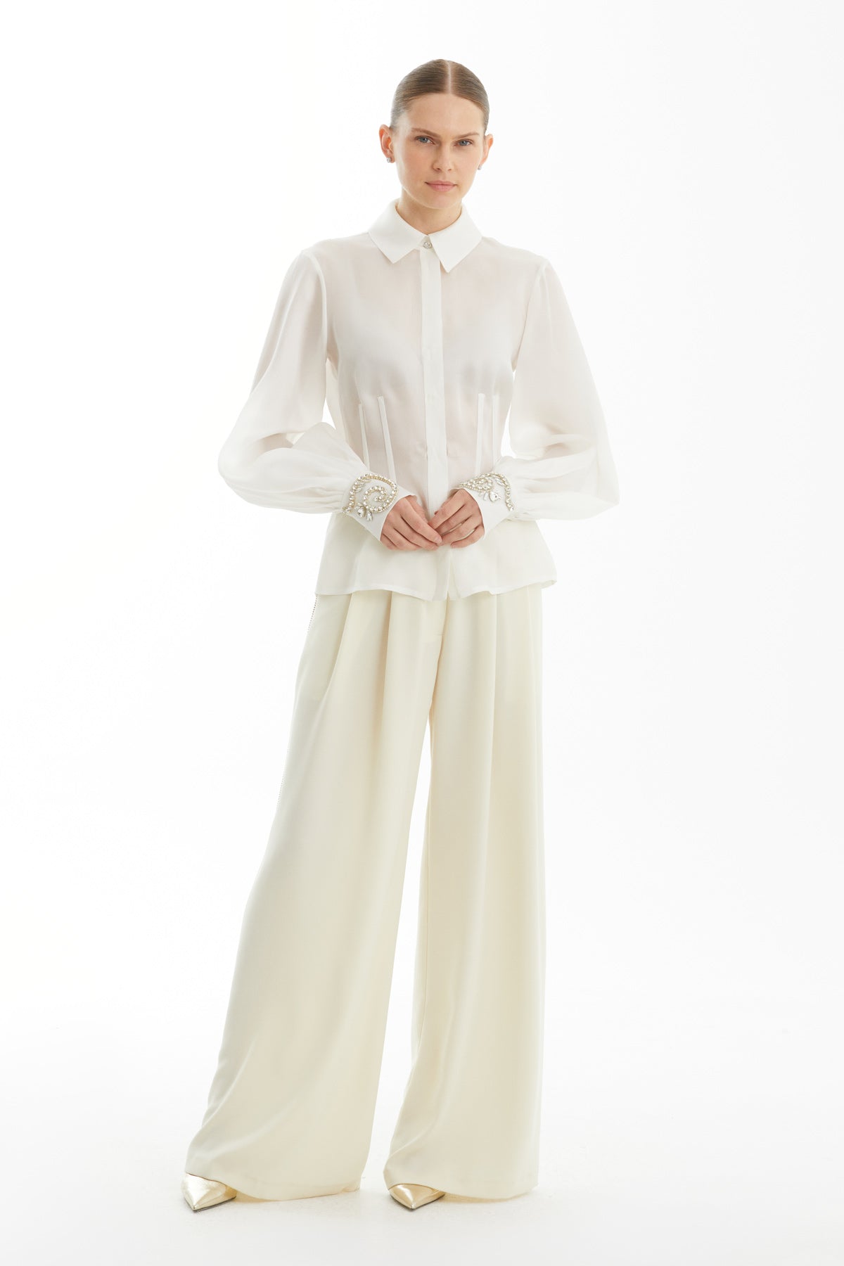 Ecru Embellished Long-Sleeve Silk Blouse