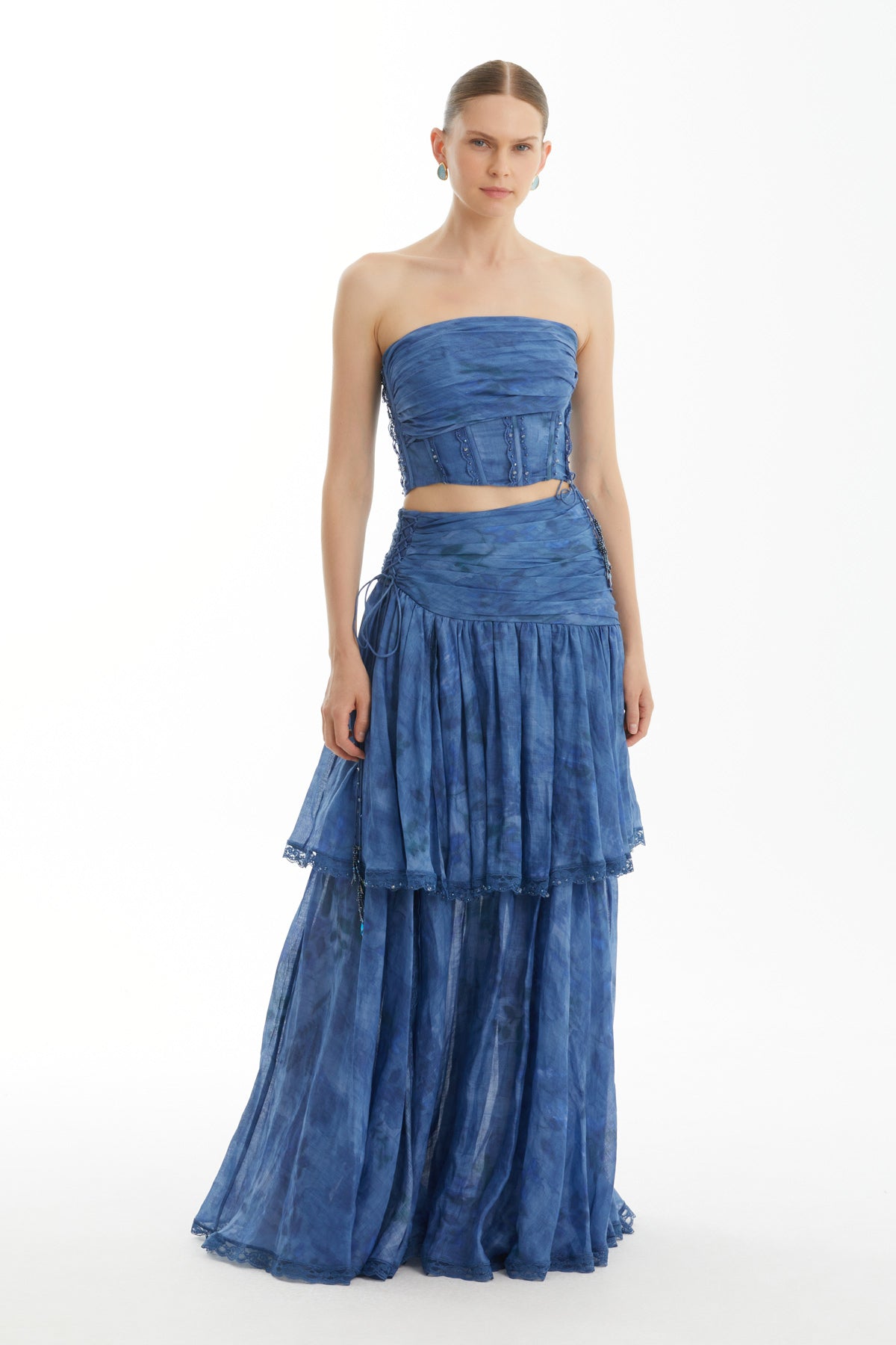 Blue Draped Lace-Up Strapless Top