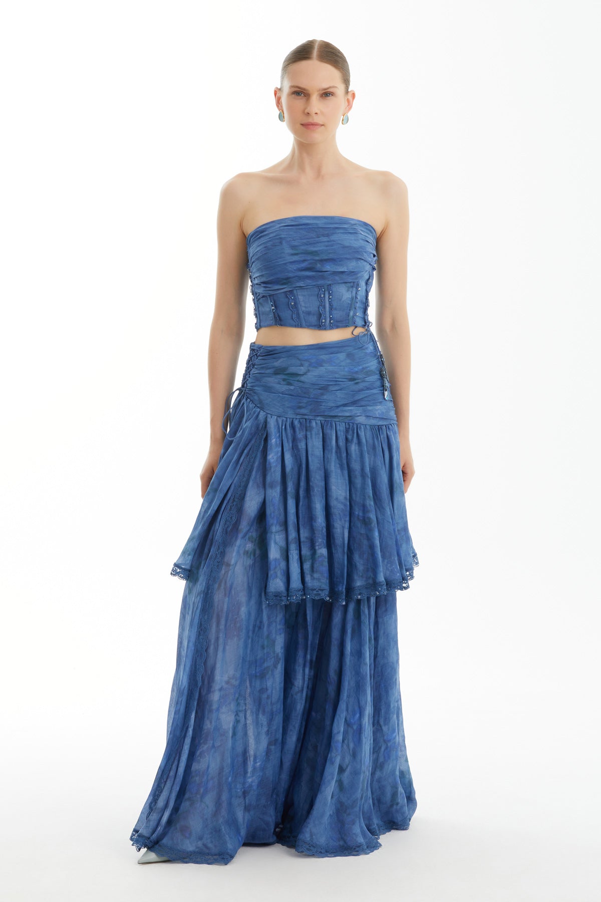Blue Draped Lace-Up Strapless Top