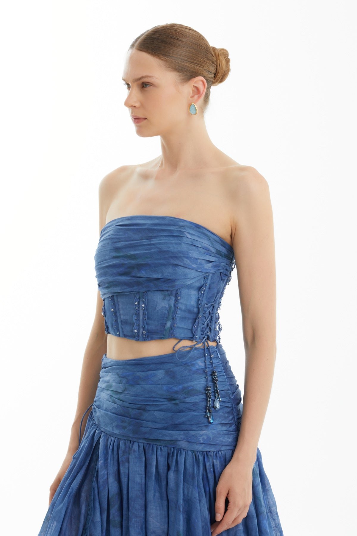 Blue Draped Lace-Up Strapless Top