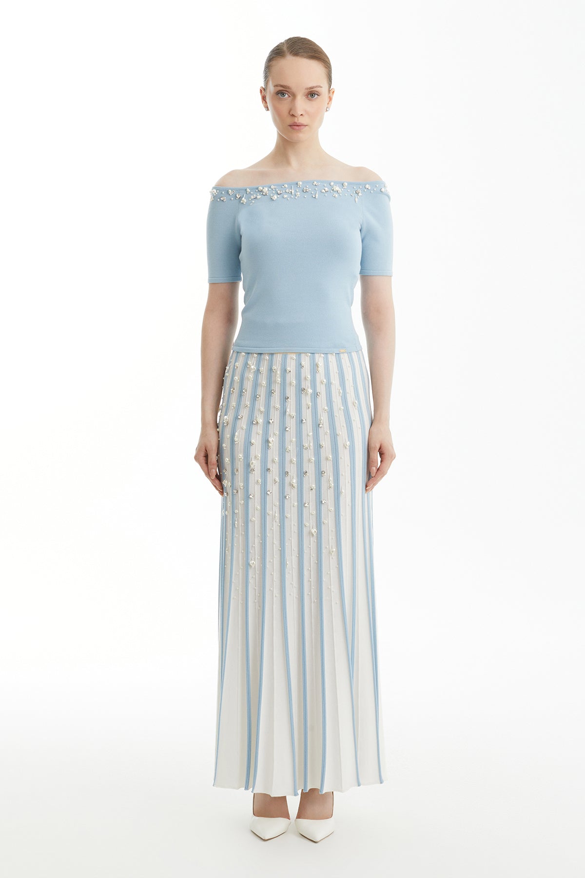 Blue Boat-Neck Short-Sleeve Blouse