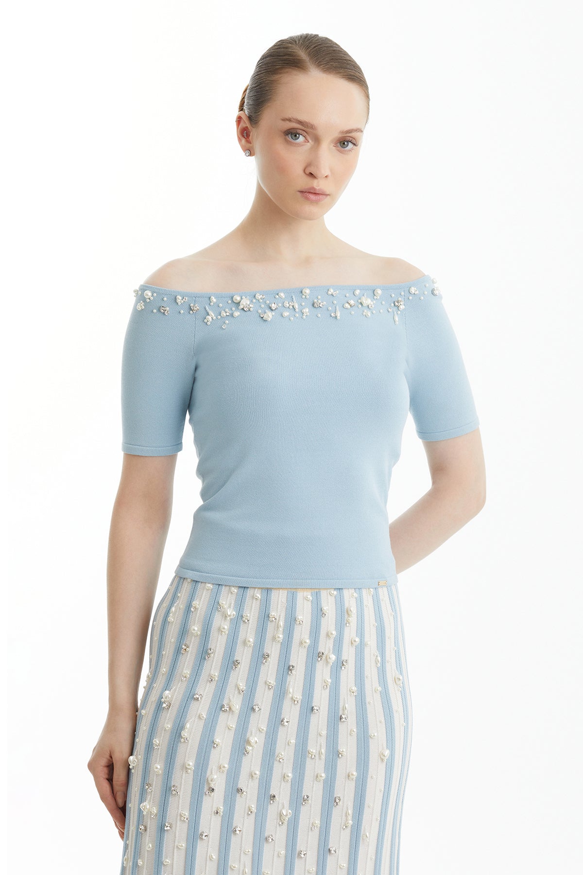 Blue Boat-Neck Short-Sleeve Blouse
