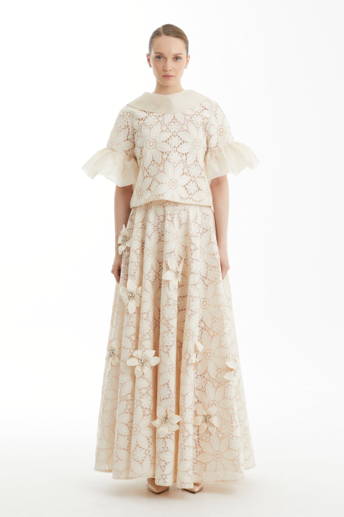Ecru Gathered-Sleeve V-Back Blouse