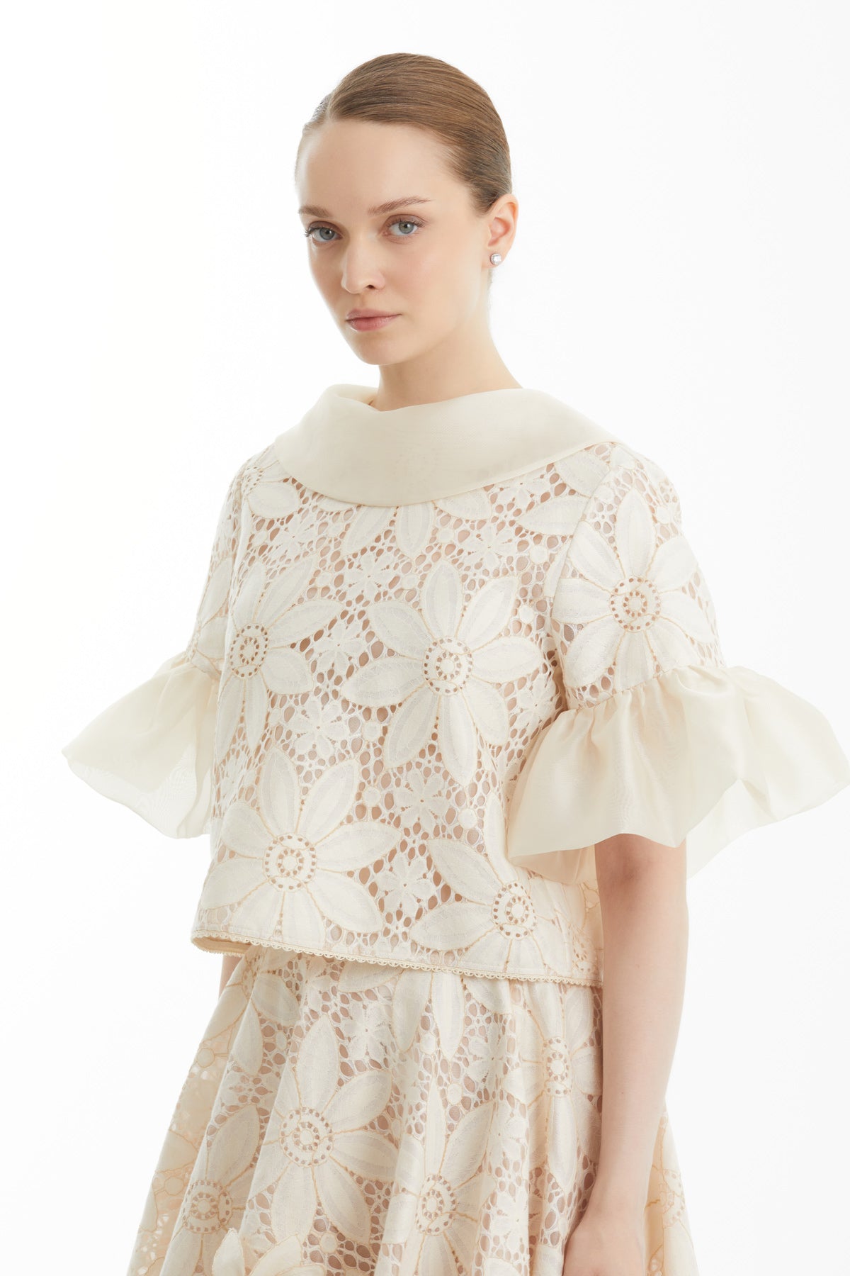 Ecru Gathered-Sleeve V-Back Blouse