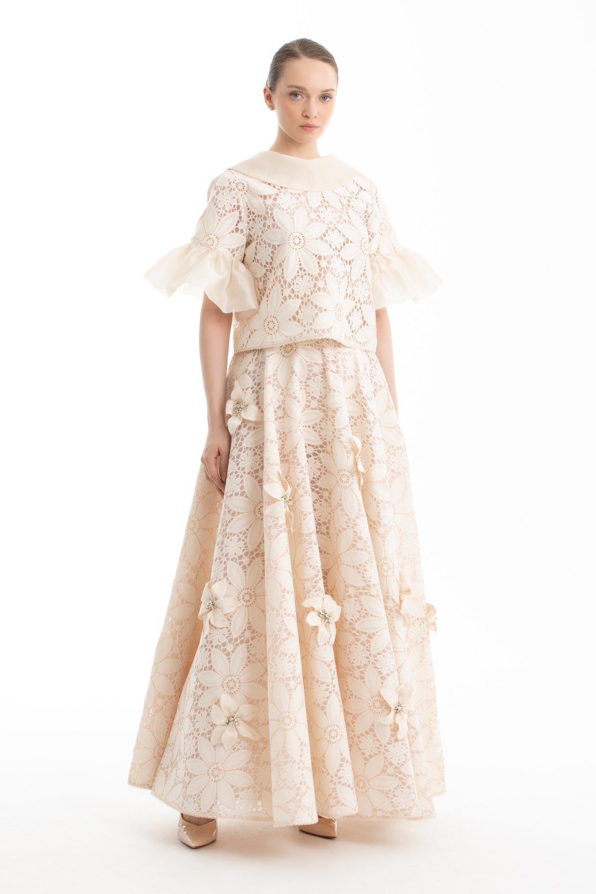 Ecru Gathered-Sleeve V-Back Blouse