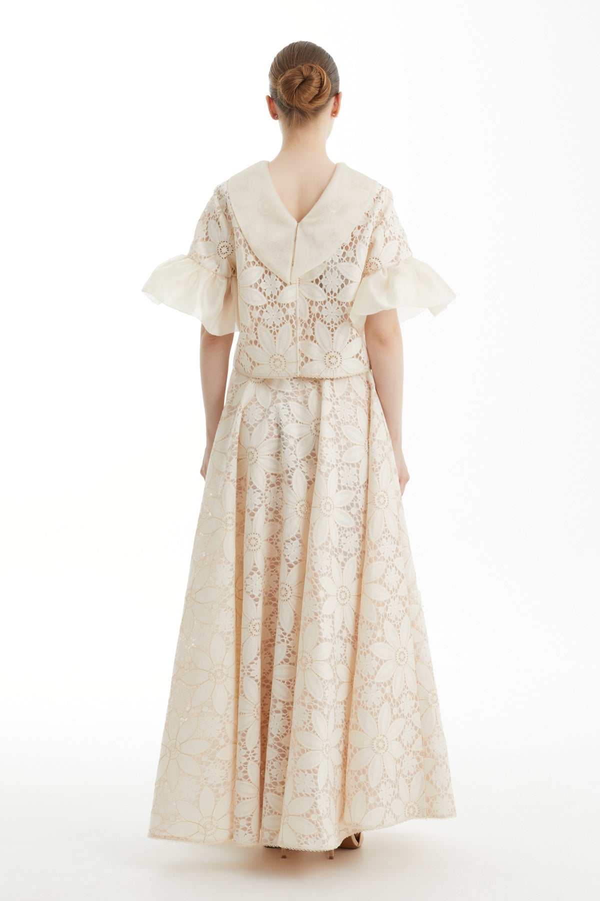 Ecru Gathered-Sleeve V-Back Blouse