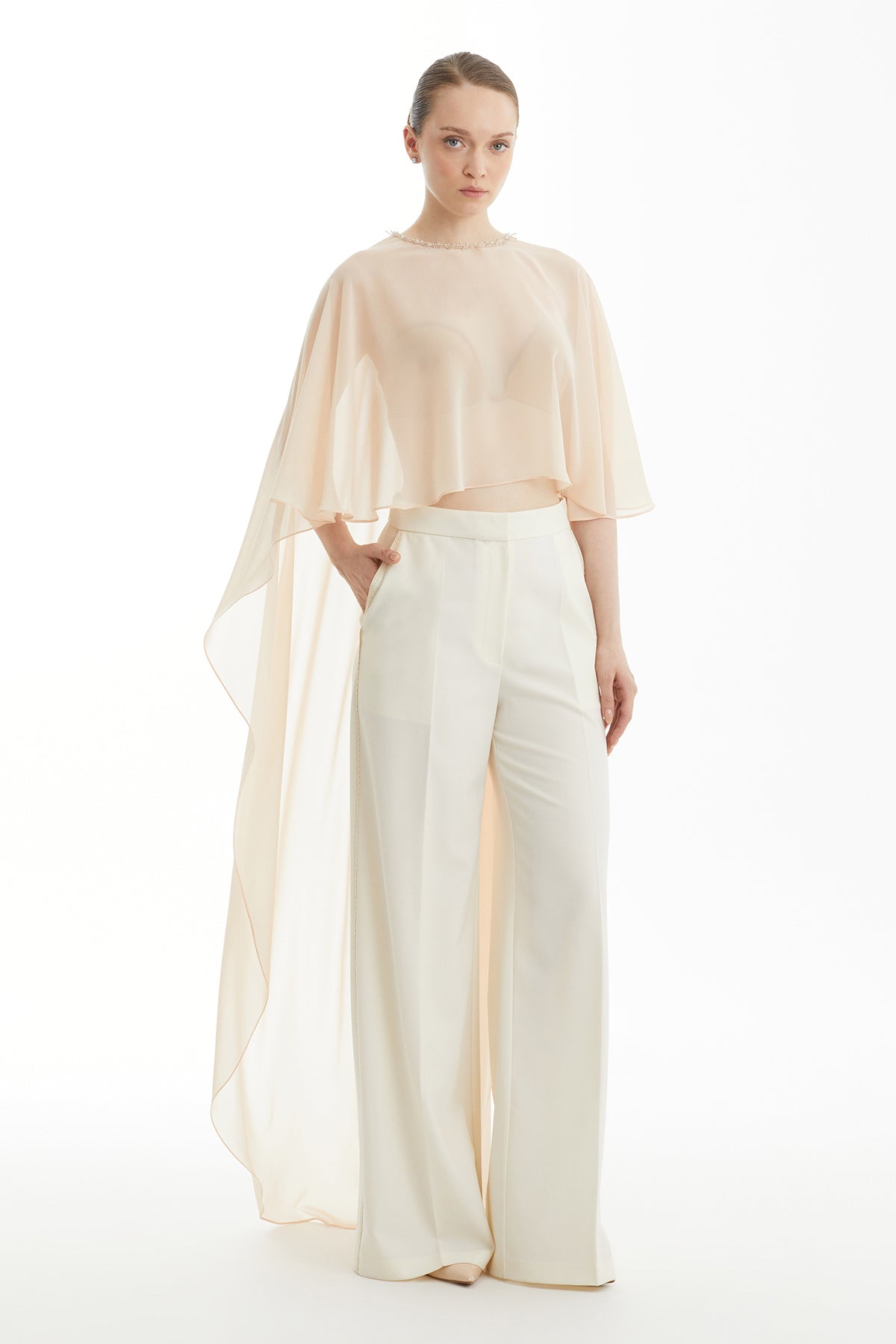 Pink Embroidered-Collar Long Cape