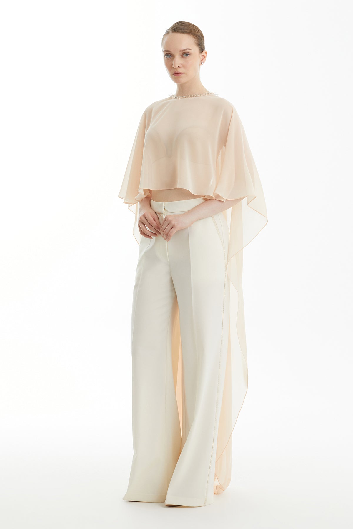 Pink Embroidered-Collar Long Cape