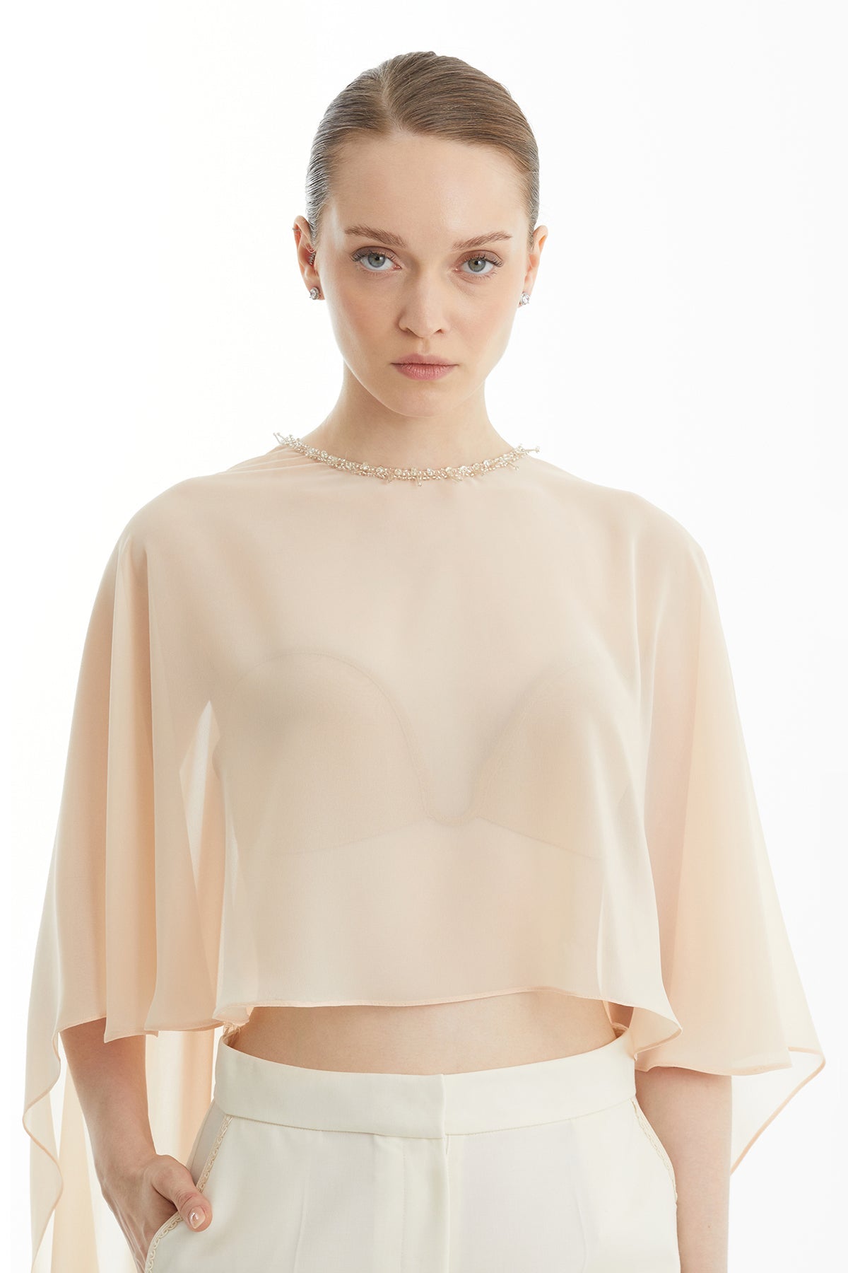 Pink Embroidered-Collar Long Cape