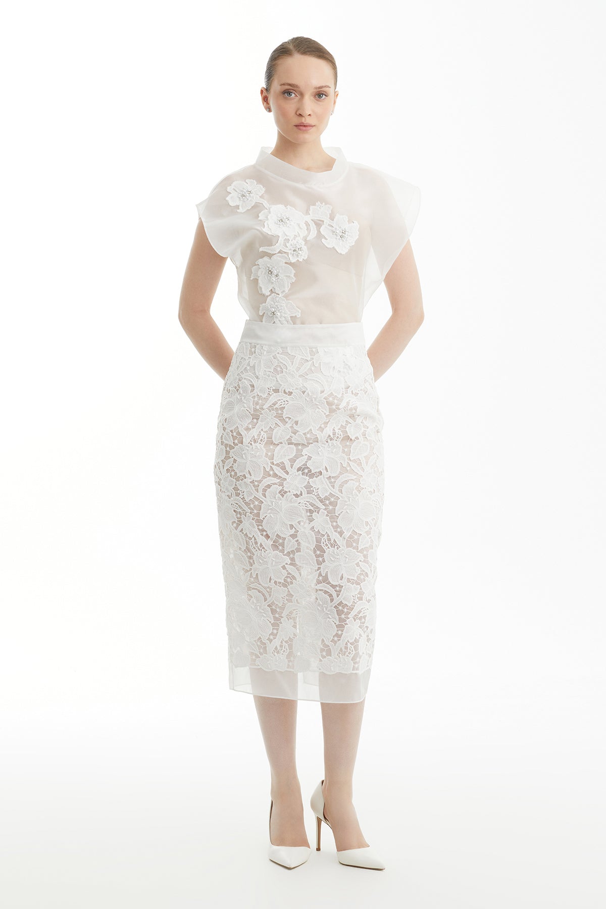 White Patterned Hook-and-Eye Detail Midi Pencil Skirt