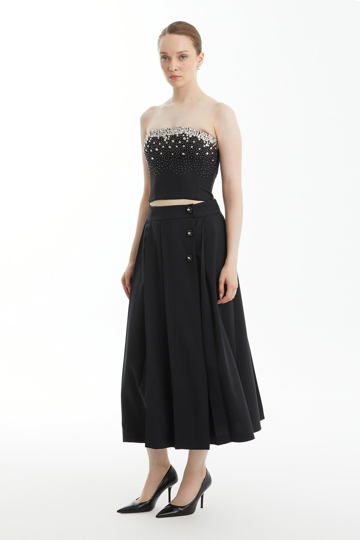Black Pleated Snap-Detail Skirt