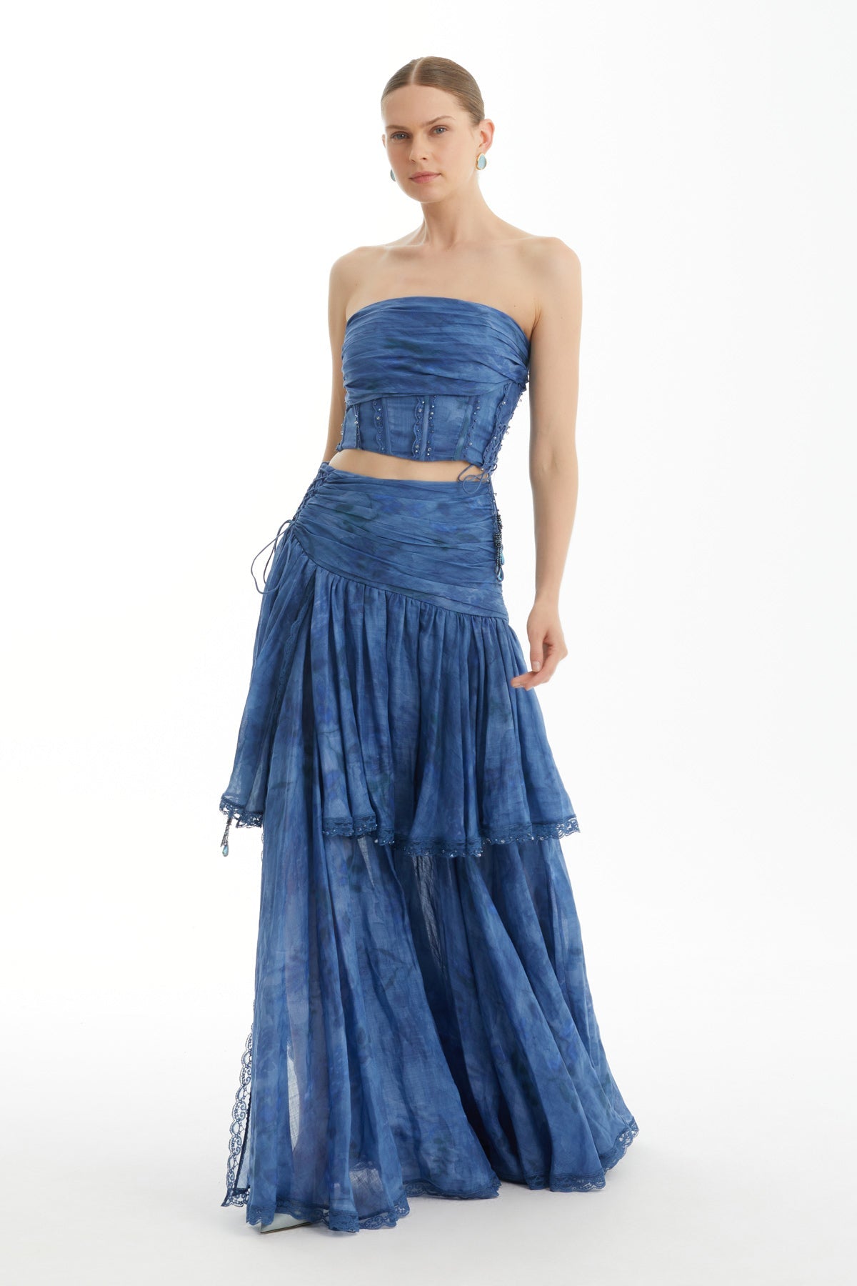 Blue Gathered Patterned Skirt