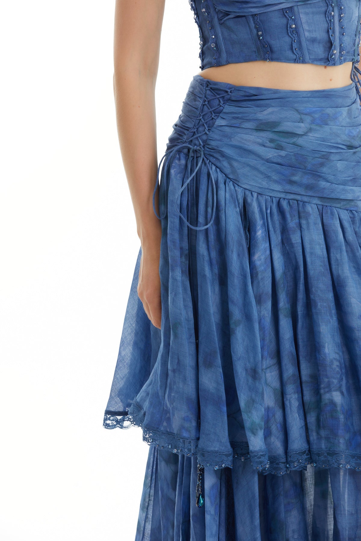 Blue Gathered Patterned Skirt