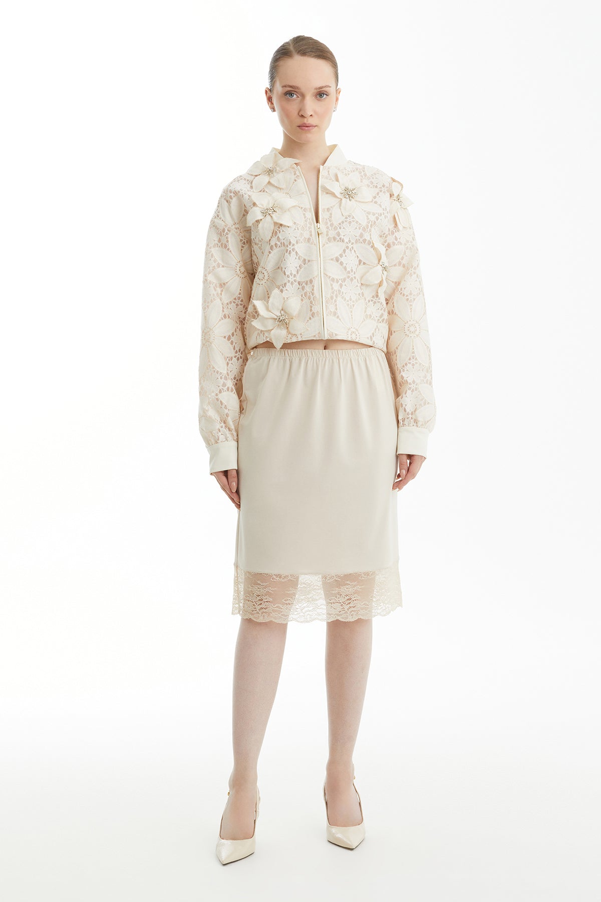 Beige Lace-Detail Gathered Skirt