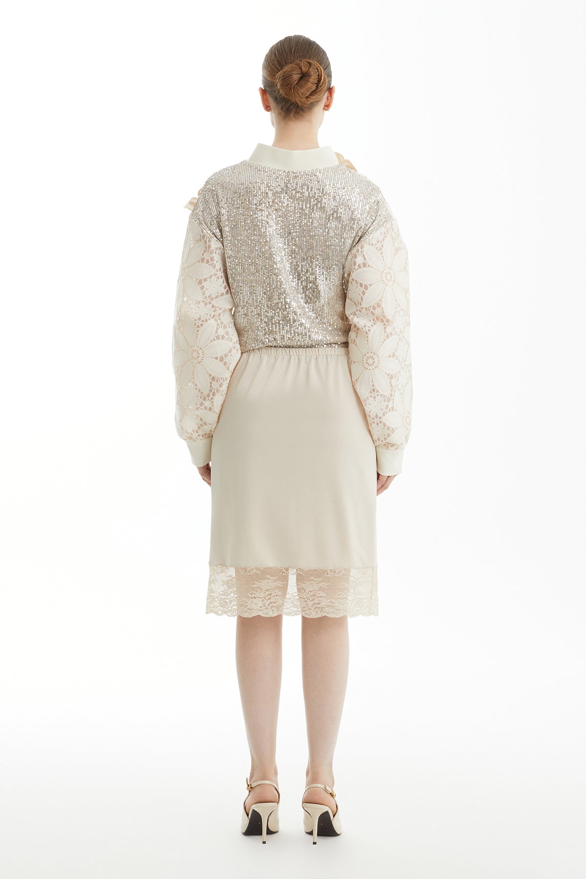 Beige Lace-Detail Gathered Skirt