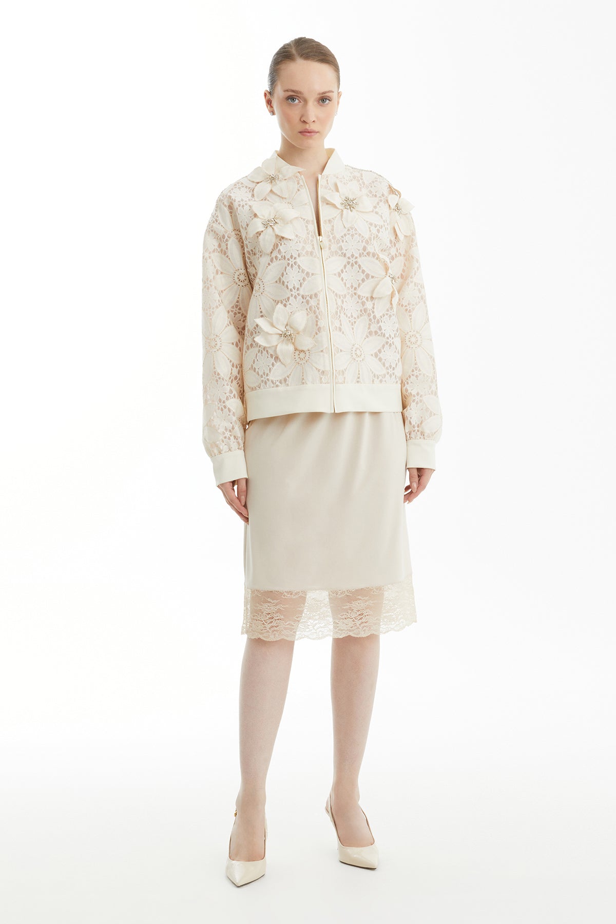 Beige Lace-Detail Gathered Skirt