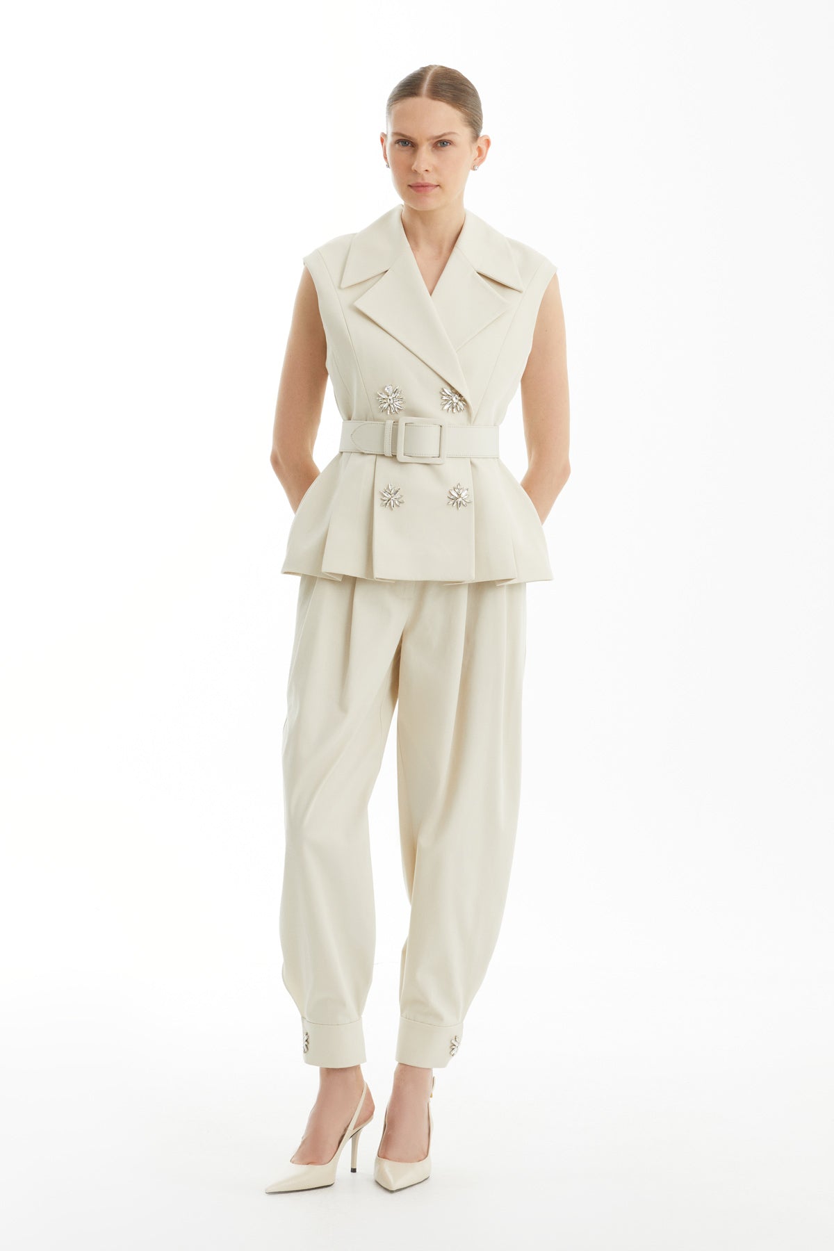 Beige Embroidered Belted Tailored Vest