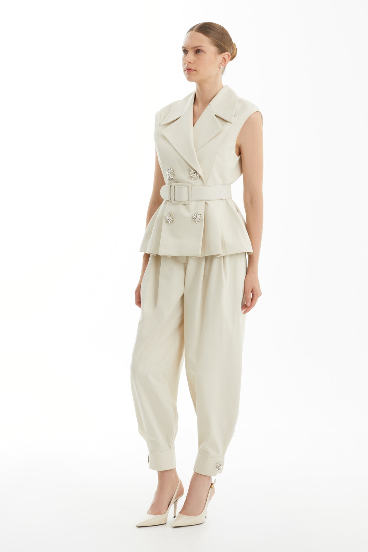 Beige Embroidered Belted Tailored Vest