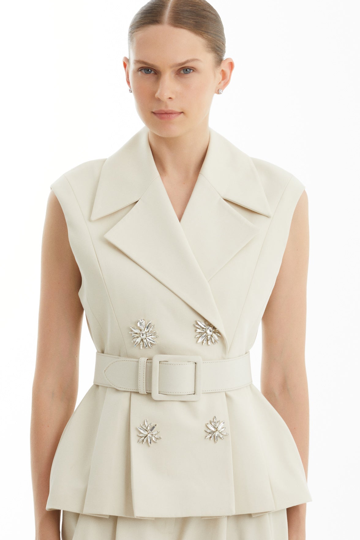 Beige Embroidered Belted Tailored Vest