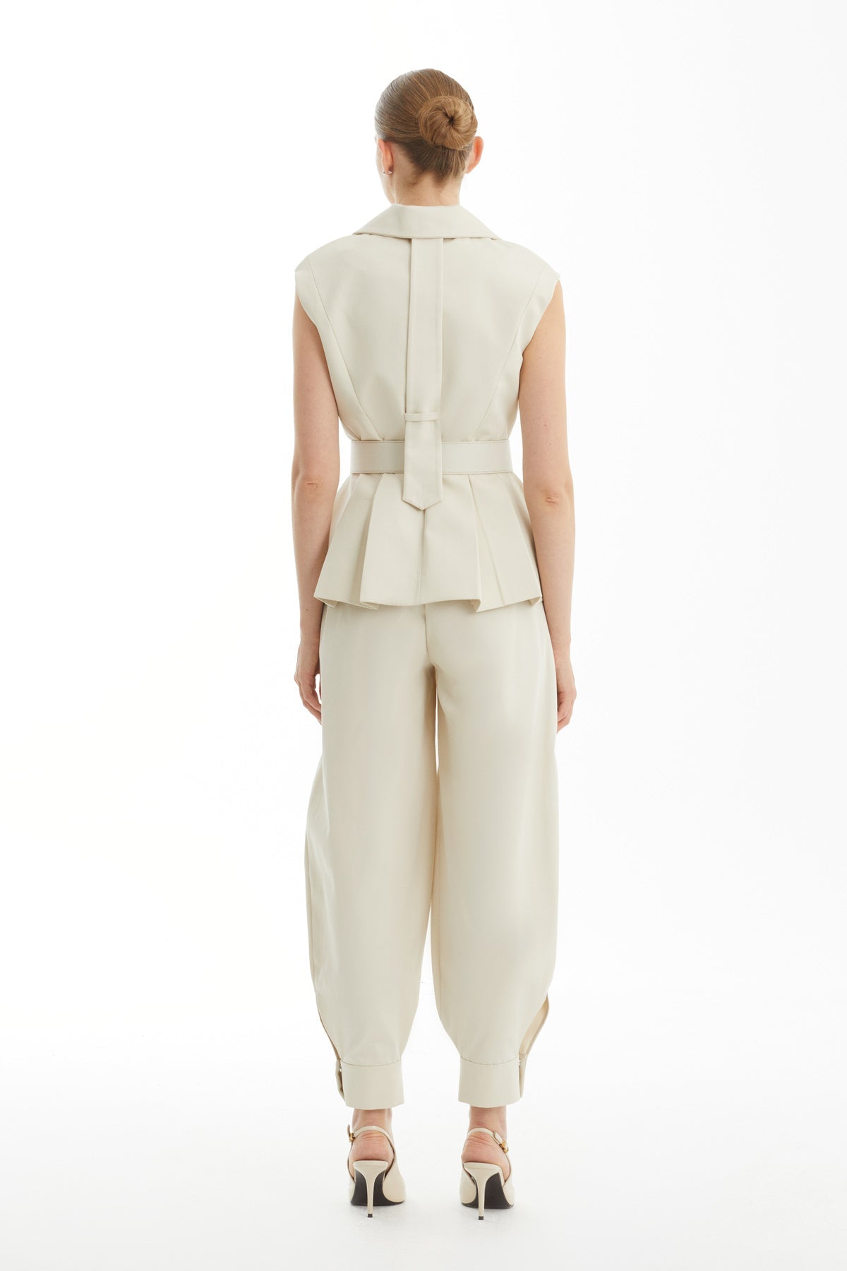 Beige Embroidered Belted Tailored Vest