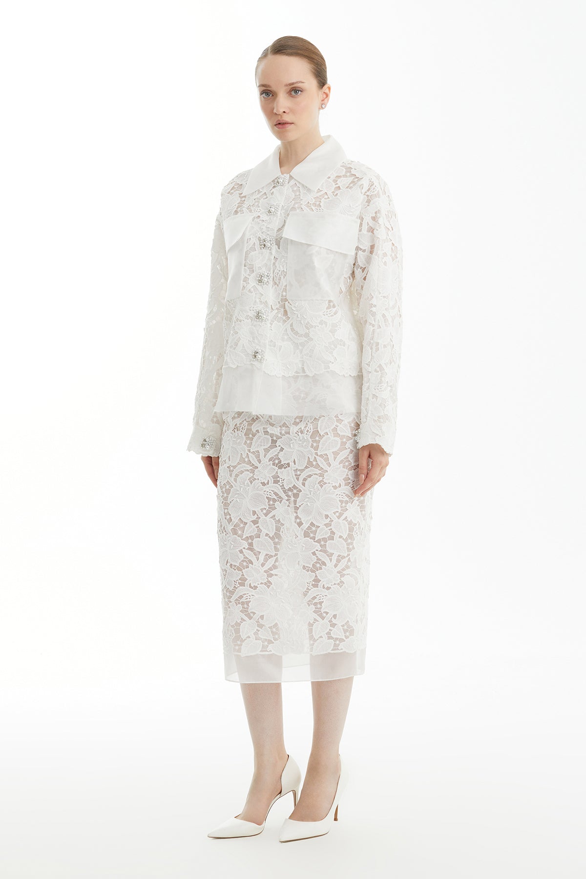 White Embroidered Snap-Front Patterned Jacket