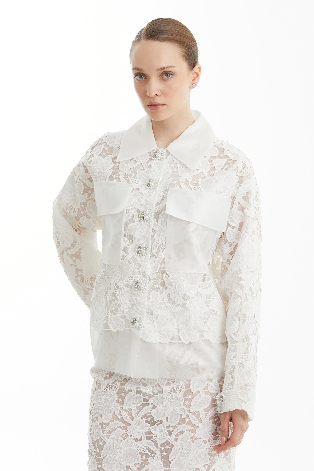 White Embroidered Snap-Front Patterned Jacket