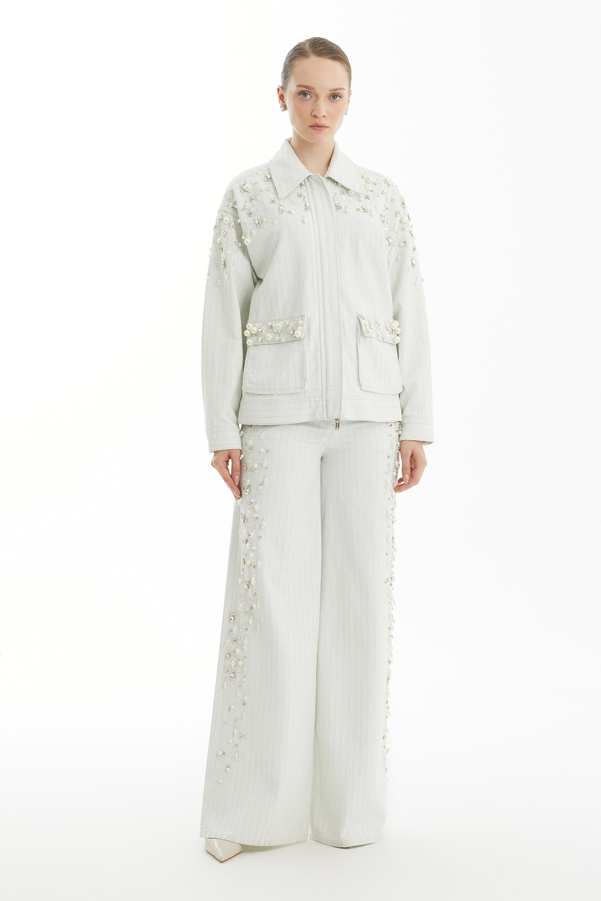 Blue Embroidered Snap-Front Patterned Jacket