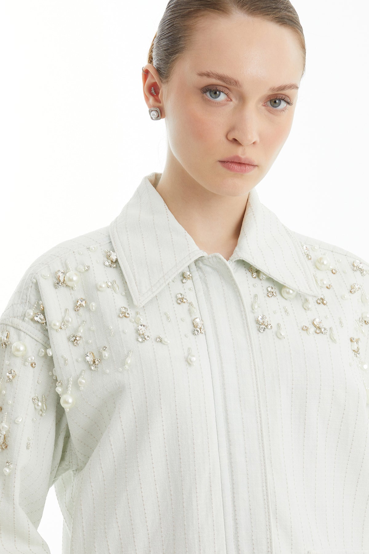 Blue Embroidered Snap-Front Patterned Jacket