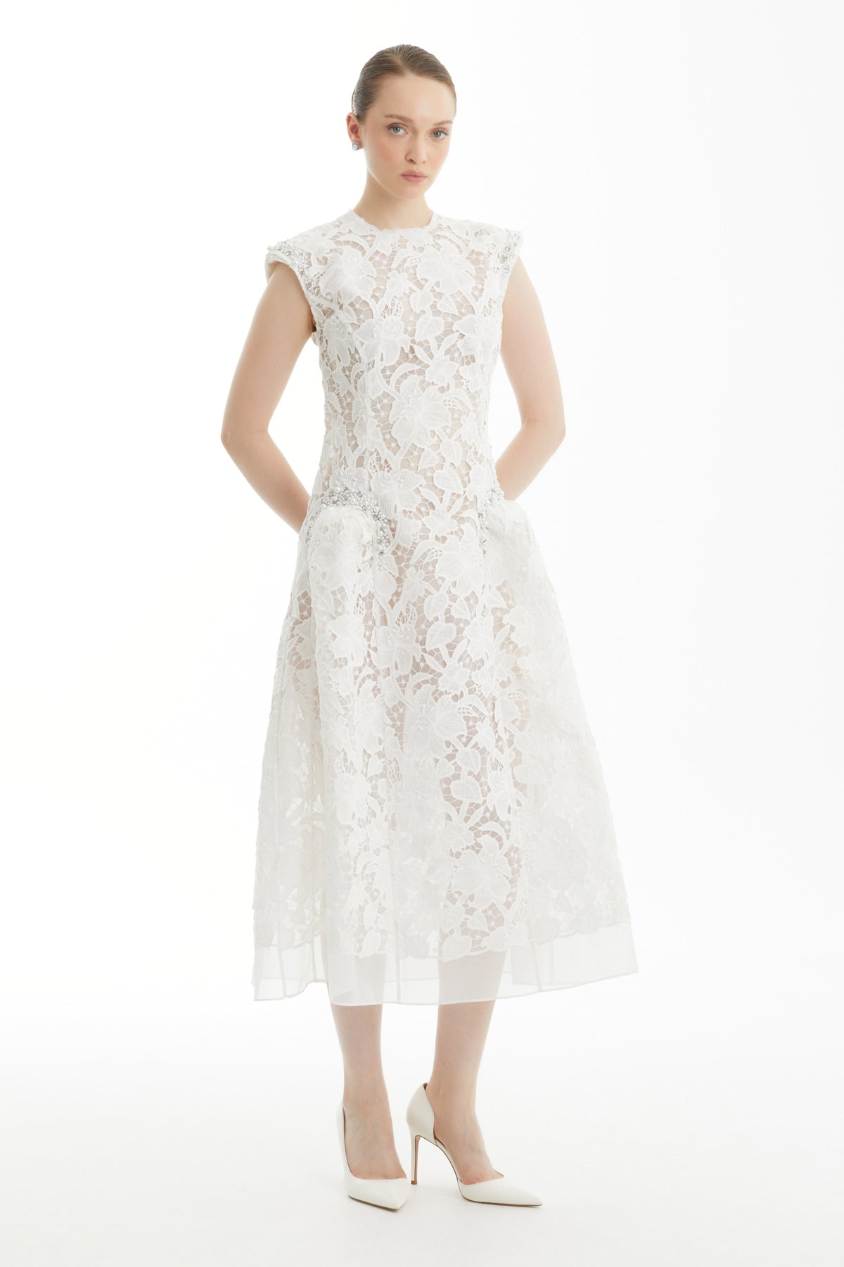 White Embroidered Patterned Midi Dress