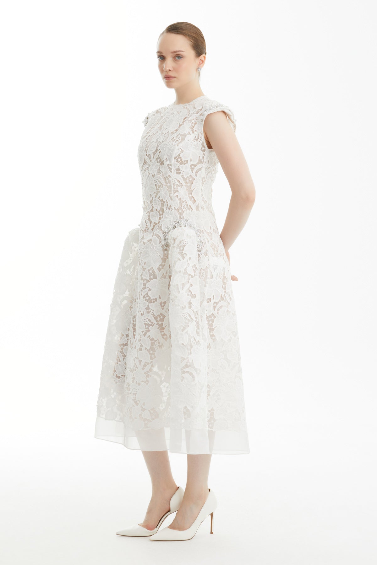 White Embroidered Patterned Midi Dress