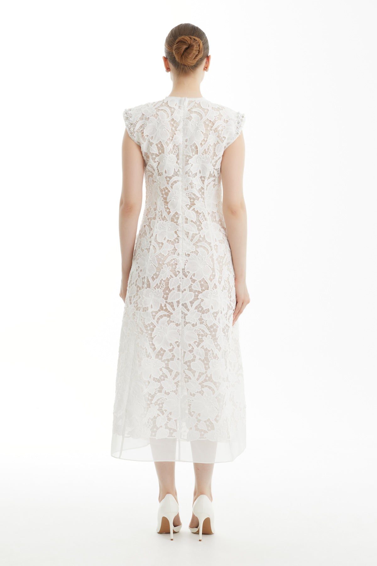 White Embroidered Patterned Midi Dress