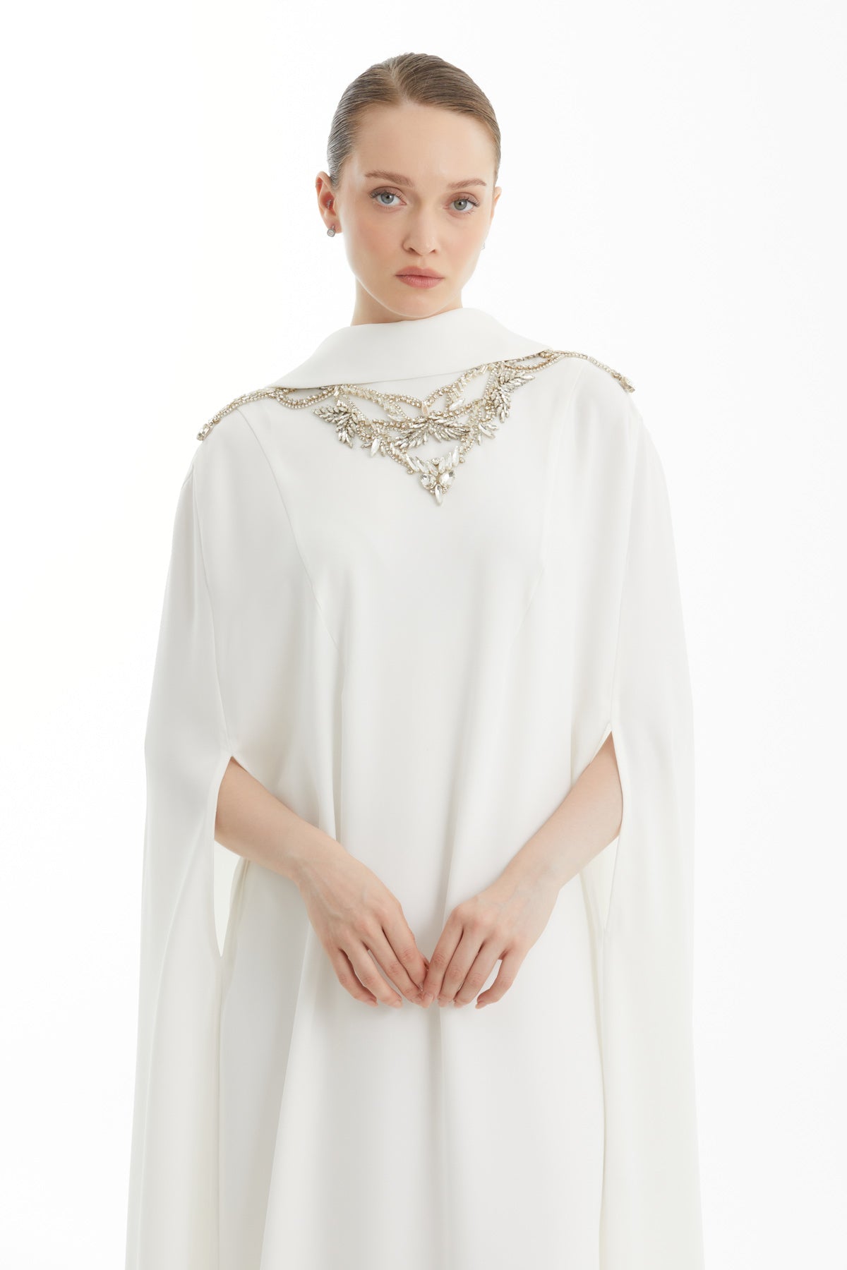 Ecru Embroidered Cape Dress